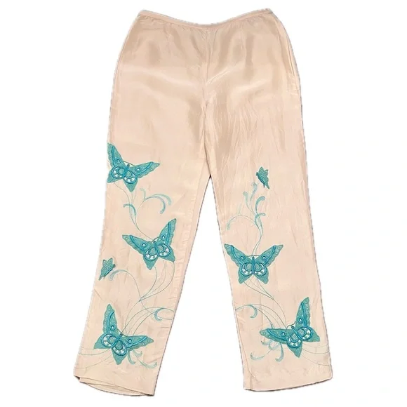 Vintage Silk Cream Teal Embroidered Butterfly Pants Yves Cossette Depeche Mode - Picture 1 of 12